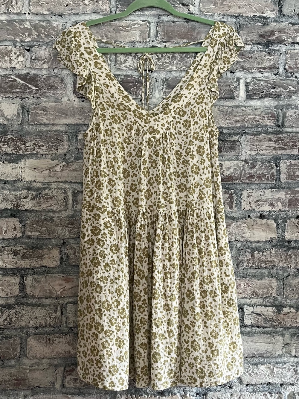 Promesa Olive Floral V-Neck Mini Dress, fully lined. Tie back so light & flowy
